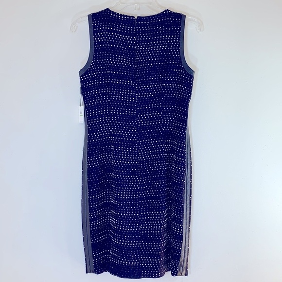 NWT. Calvin Klein 4P Faux Leather Trim Polkadot Tweed Sheath Dress. - Picture 8 of 11
